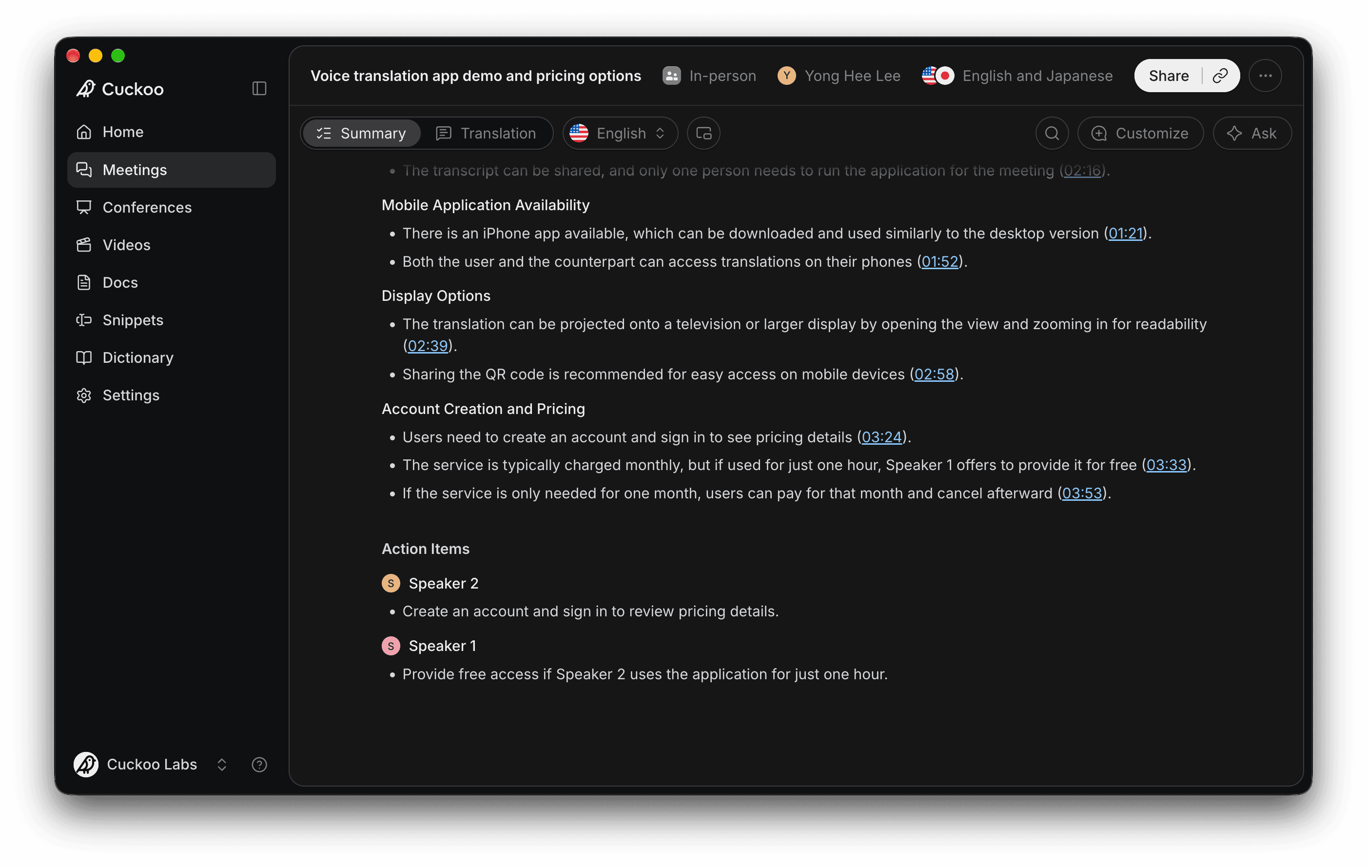 Cuckoo meeting summary in dark mode with timestamped key discussion points and action items grouped by speaker